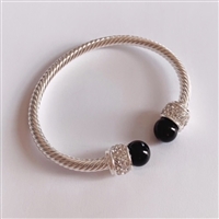 Elegant & Stylish Diamond Crystal & Black Pearl Silver Toned Cable Open Cuff Bangle