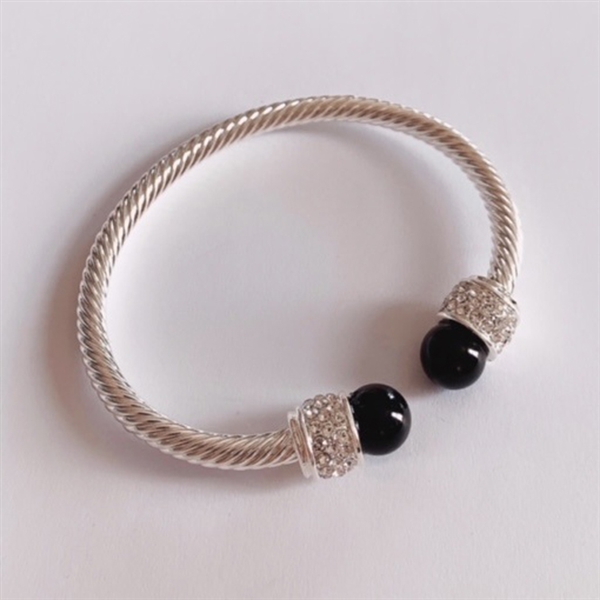 Elegant & Stylish Diamond Crystal & Black Pearl Silver Toned Cable Open Cuff Bangle