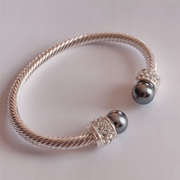 Elegant & Stylish Diamond Crystal & Grey Pearl Silver Toned Cable Open Cuff Bangle