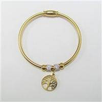 Stainless Steel Wired Tree of Life Charm, Sparkling Diamond Crystal Charms Gold-Tone Pop Clasp Fashion Bracelet