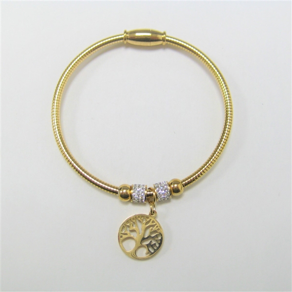 Stainless Steel Wired Tree of Life Charm, Sparkling Diamond Crystal Charms Gold-Tone Pop Clasp Fashion Bracelet