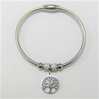 Stainless Steel Wired Tree of Life Charm, Sparkling Diamond Crystal Charms Silver-Tone Pop Clasp Fashion Bracelet