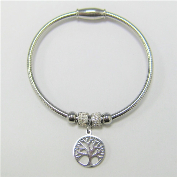 Stainless Steel Wired Tree of Life Charm, Sparkling Diamond Crystal Charms Silver-Tone Pop Clasp Fashion Bracelet