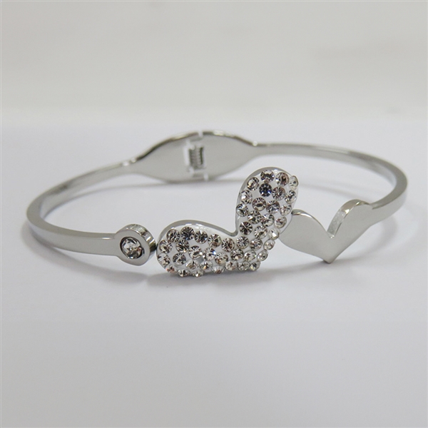 High-Polished Sparkling Diamond Crystals Double Heart Silver-Toned Cuff Hinged Bangle