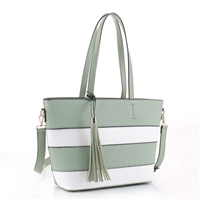 Seasonal Sage Green & White Faux Leather Striped Fashion Tote