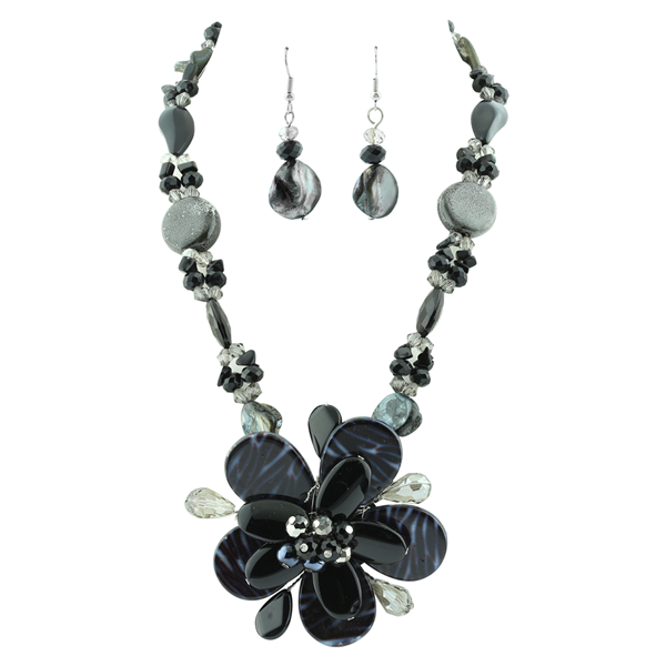 Chic Crystal Beaded Glass Flower Black Mix Necklace Set