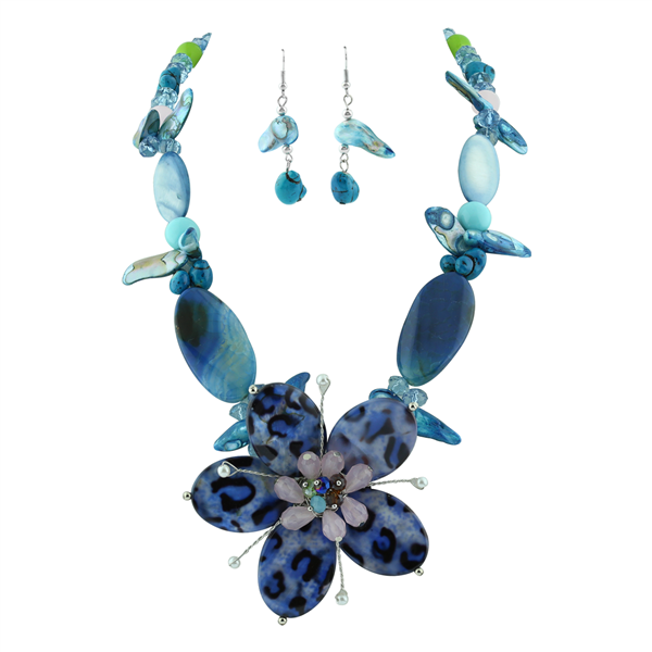 Chic Crystal Beaded Glass Flower Blue Mix Necklace Set