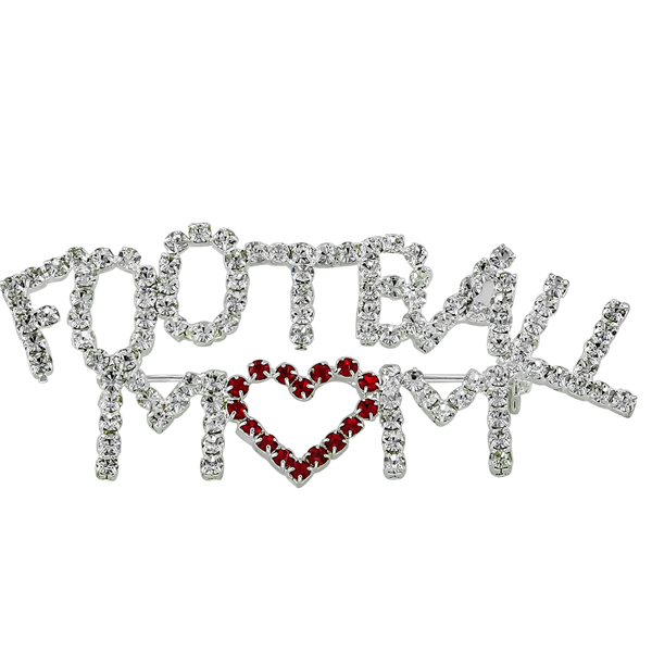 Football Mom Red & Clear Sparkling Crystal Pin Brooch