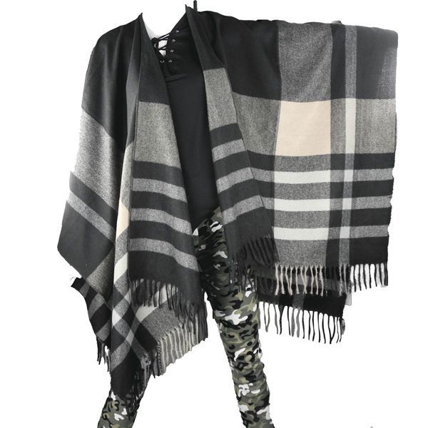 Black, Grey & Beige Plaid Ruana Shawl Scarf