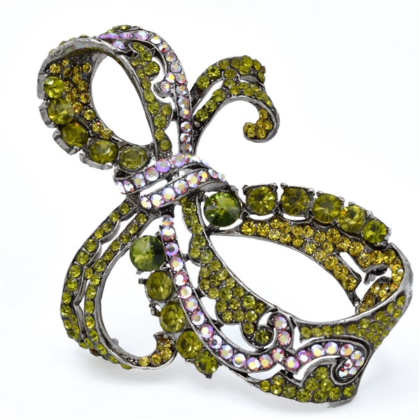 Sparkling Colored Crystals Ruthenium Toned Twisted Bow Fashion Brooch