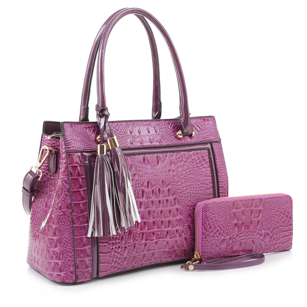 Stylish Plum Purple Patent Leather Faux Alligator Skin Two Tassel Charm Satchel Handbag Set