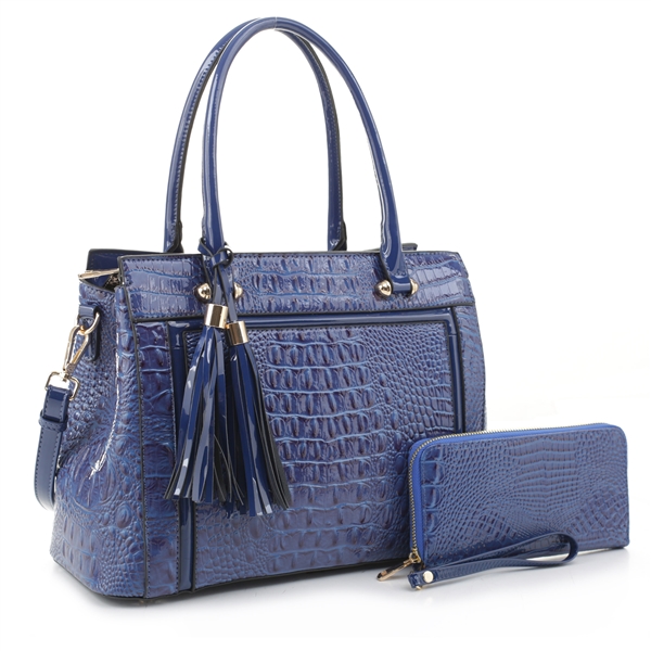 Stylish Royal Blue Patent Leather Faux Alligator Skin Two Tassel Charm Satchel Handbag Set