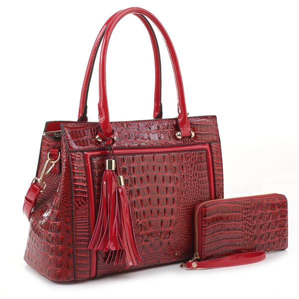 Stylish Burgundy Red Patent Leather Faux Alligator Skin Two Tassel Charm Satchel Handbag Set