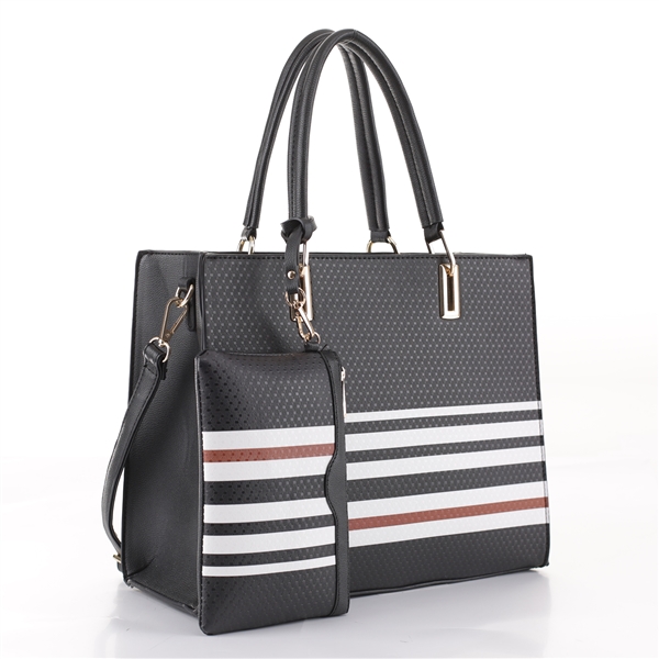 Stylish Black, Brown & White Striped Black Faux Rubber Wristlet Satchel Handbag Set