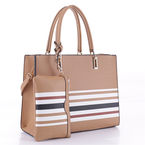 Stylish Black, Brown & White Striped Dark Tan Faux Rubber Wristlet Satchel Handbag Set