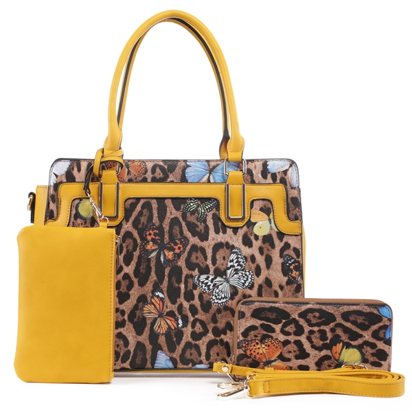 Fashion Forward Wild Leopard & Butterfly Patent Leather & Mustard Faux Leather Satchel Shoulder Handbag Set