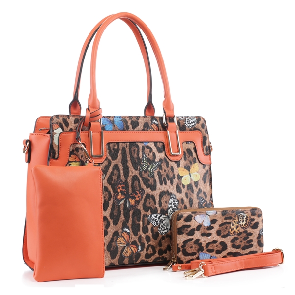 Fashion Forward Wild Leopard & Butterfly Patent Leather & Orange Faux Leather Satchel Shoulder Handbag Set