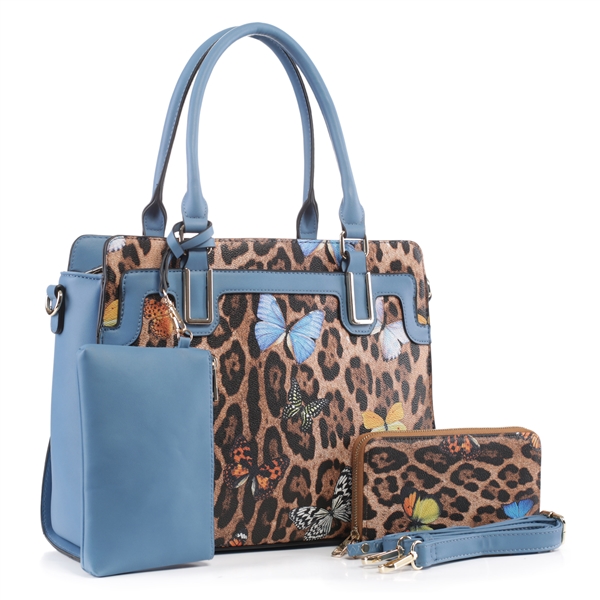 Fashion Forward Wild Leopard & Butterfly Patent Leather & Turquoise Faux Leather Satchel Shoulder Handbag Set