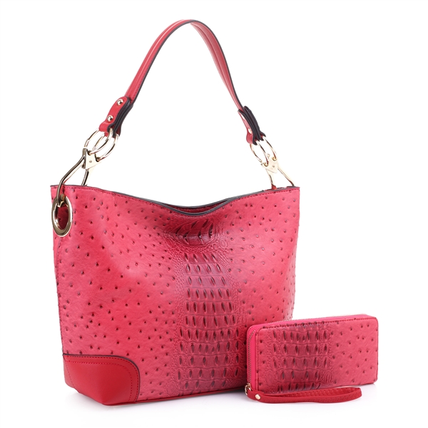 Small On-The-Go Travel-Friendly Red Faux Ostrich Leather Fashion Satchel Set