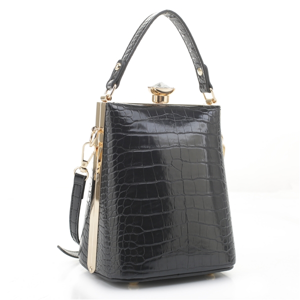 Cute Black Patent Faux Alligator Texture Crystal Rhinestone Clasp Fashion Satchel Shoulder Handbag