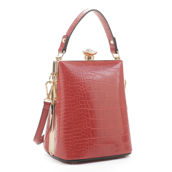 Cute Red Patent Faux Alligator Texture Crystal Rhinestone Clasp Fashion Satchel Shoulder Handbag