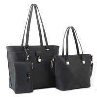 Stylish Stitched Diamond Pattern Black Satchel Tote Set