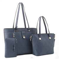 Stylish Stitched Diamond Pattern Dark Blue Satchel Tote Set