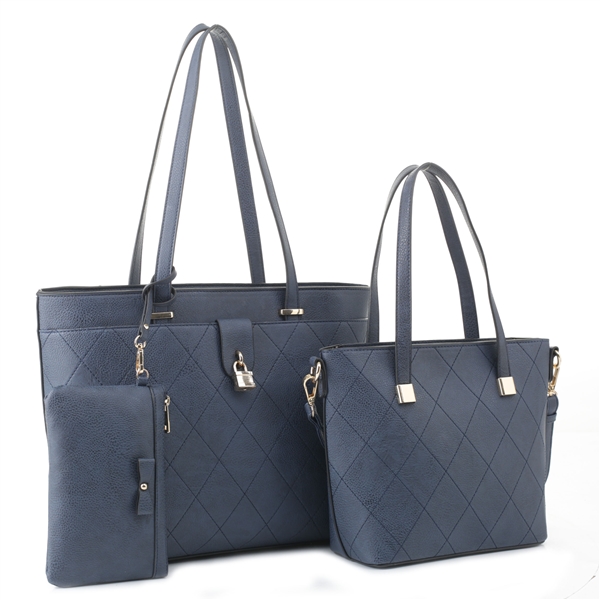 Stylish Stitched Diamond Pattern Dark Blue Satchel Tote Set