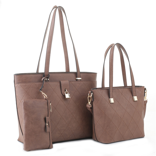 Stylish Stitched Diamond Pattern Dark Taupe Satchel Tote Set