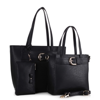 Stylish Hipster Buckle Faux Leather Black Satchel Tote Set