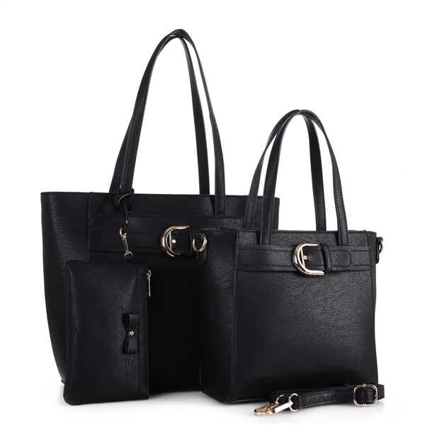 Stylish Hipster Buckle Faux Leather Black Satchel Tote Set