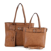 Stylish Hipster Buckle Faux Leather Brown Satchel Tote Set
