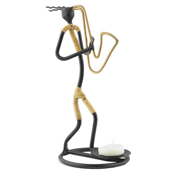 Wrought Iron Straw String Gold Colored Saxophone Musician Candle Holder