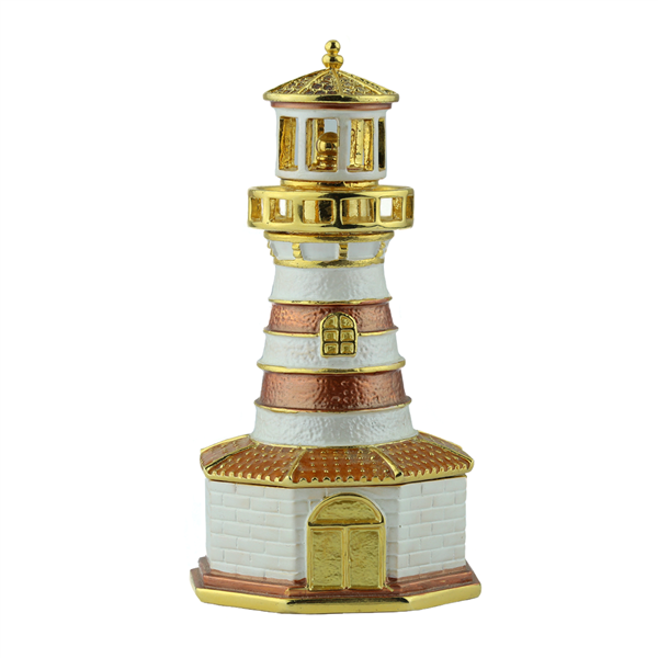 Crystal Two-Toned Brown & White Lighthouse Gold Accents Trinket Box