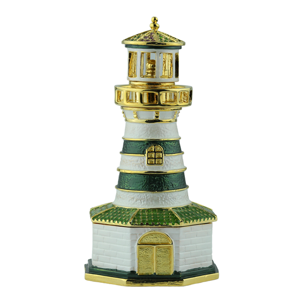 Crystal Two-Toned Green & White Lighthouse Gold Accents Trinket Box