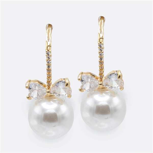 Stylish & Elegant Cream-Colored Pearl Sparkling Diamond Crystal Gold-Toned Fish Hook Earrings