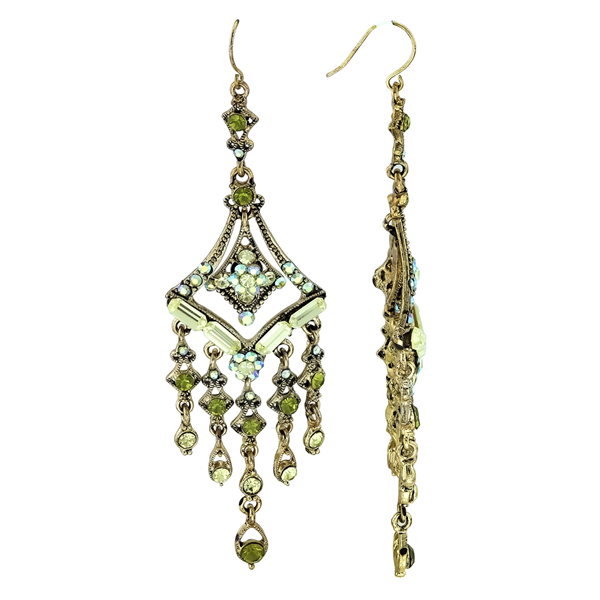 Decorative Lavish Opulent Green Crystals Charm Post Dangle Gold-Toned Earrings