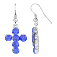 Stylish Spiritual Faith Bubbly Sparkling Blue Crystal Silver Cross Fish Hook Dangle Earrings