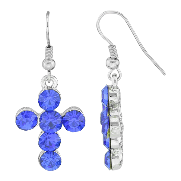 Stylish Spiritual Faith Bubbly Sparkling Blue Crystal Silver Cross Fish Hook Dangle Earrings