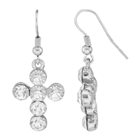 Stylish Spiritual Faith Bubbly Sparkling Clear Crystal Silver Cross Fish Hook Dangle Earrings