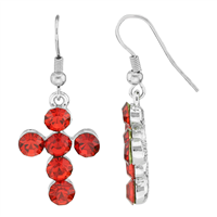 Stylish Spiritual Faith Bubbly Sparkling Red Crystal Silver Cross Fish Hook Dangle Earrings
