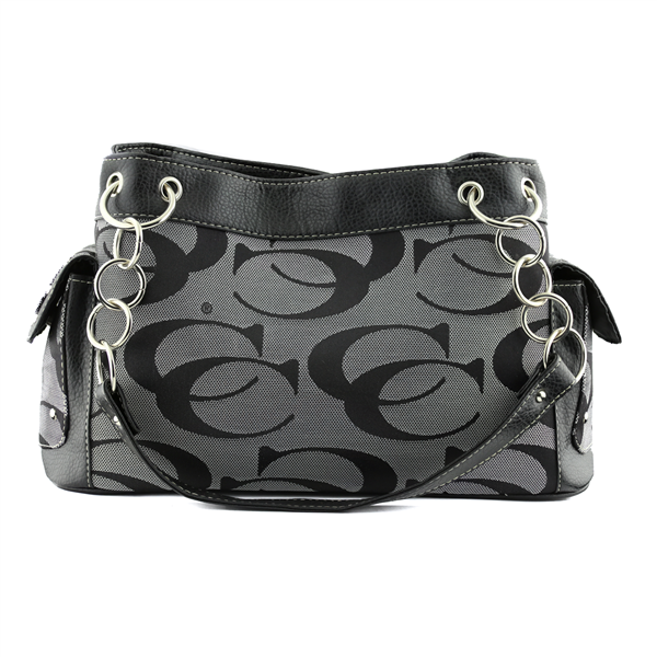 All Over Black CC Printed Pattern Black Border Trim Linked Gray Handbag