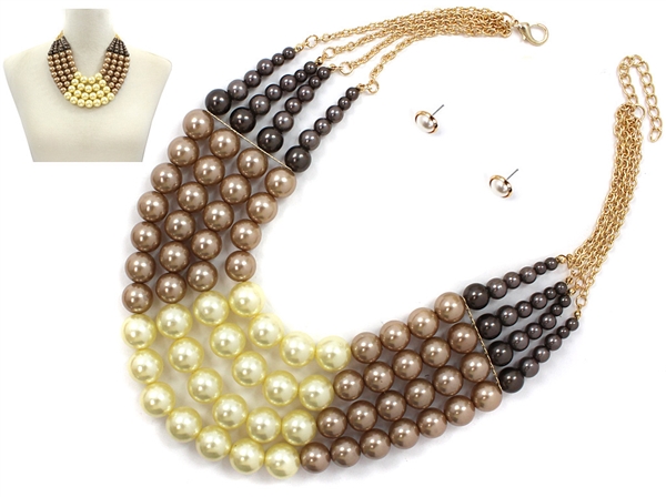 Stylish Gradient Brown Multi Pearl Gold Necklace Set