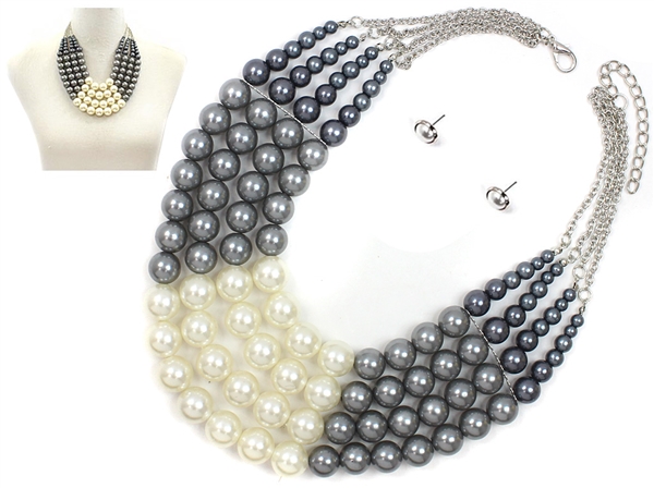 Stylish Gradient Gray Multi Pearl Gold Necklace Set
