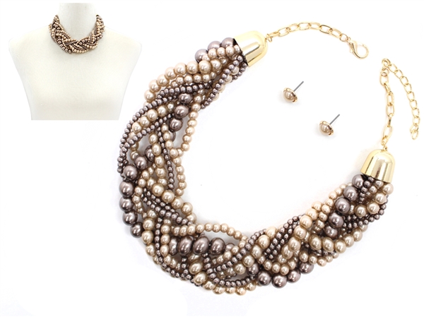 Unique Two-Tone Brown Braided Pearl Gold Necklace Set