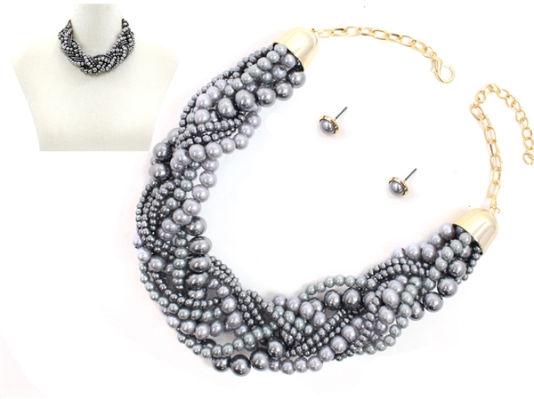 Unique Two-Tone Gray Braided Pearl Gold Necklace Set