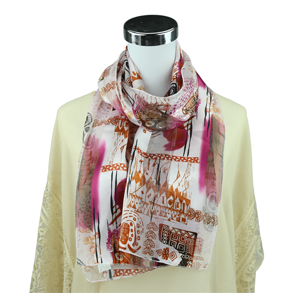 Stylish & Unique Collage Pattern Print White Silk Scarf