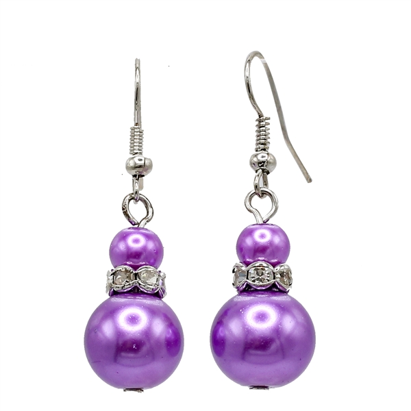 Beautiful Elegant & Stylish Glossy Purple Pearl & Diamond Crystal Fish Hook Earrings