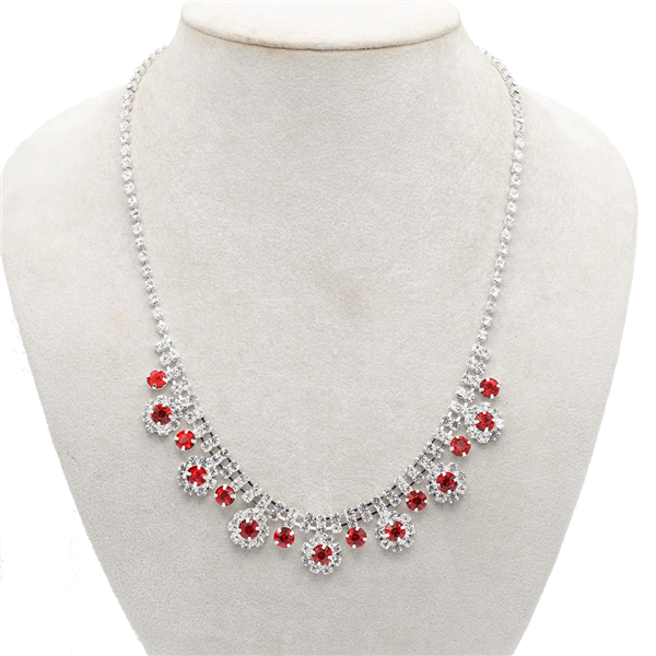 Elegant Fashion Siam Stone & Diamond Crystal Silver-Toned Necklace Set