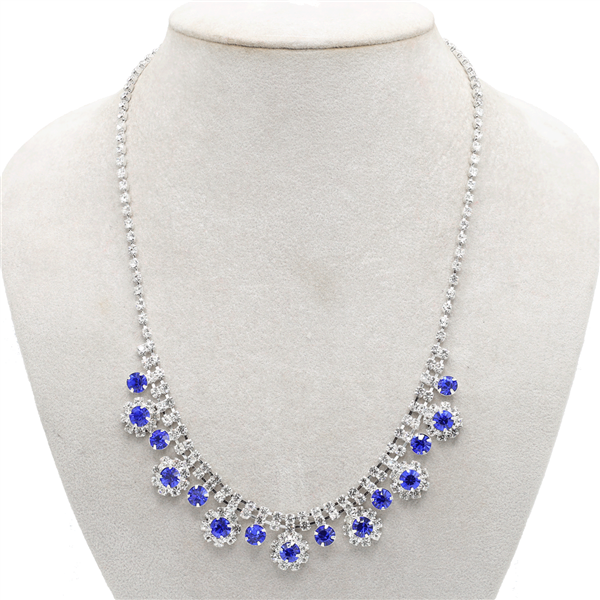 Elegant Fashion Sapphire Stone & Diamond Crystal Silver-Toned Necklace Set
